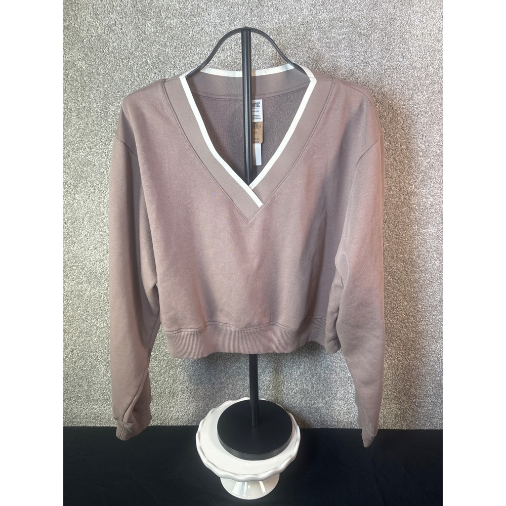 PINK Victoria's Secret V-Neck Pullover Sweatshirt Cropped Mauve Taupe XL